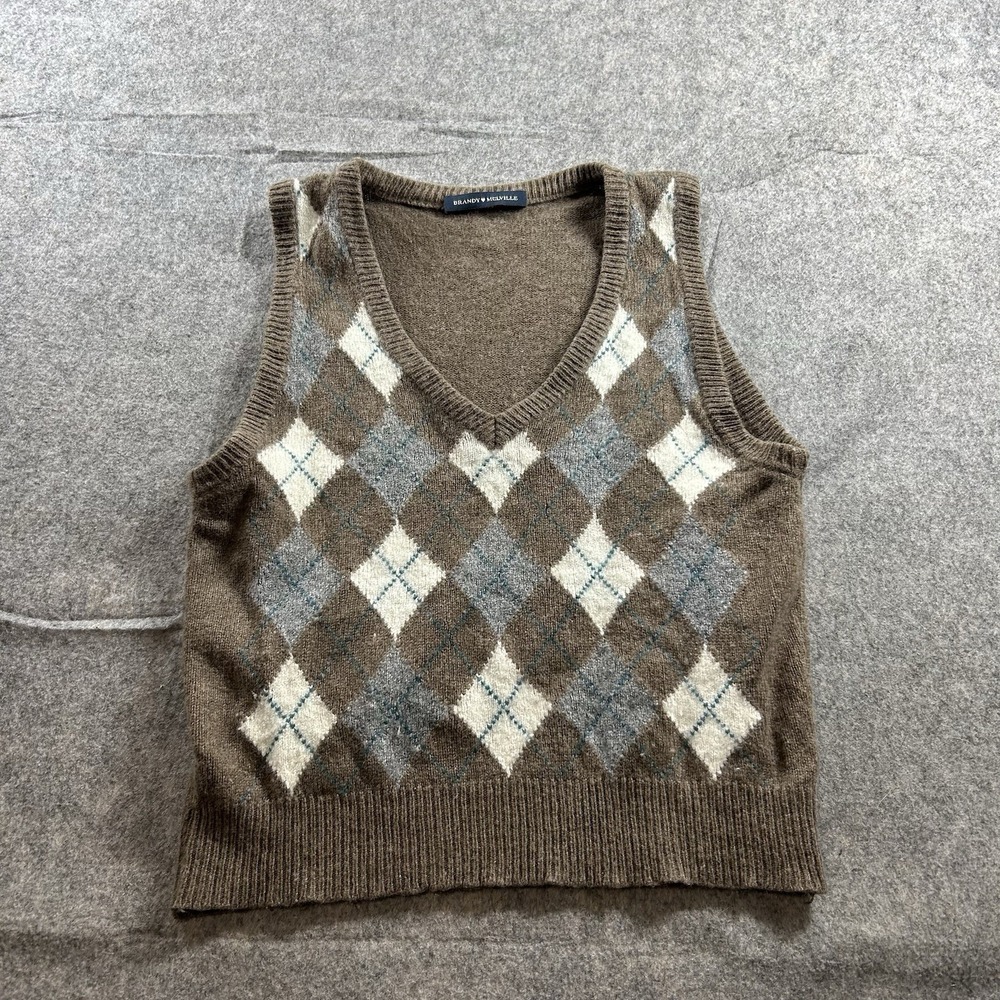 Brandy Melville Sweater Vest Womens Brown Argyle Plaid Knit Pullover V-Neck